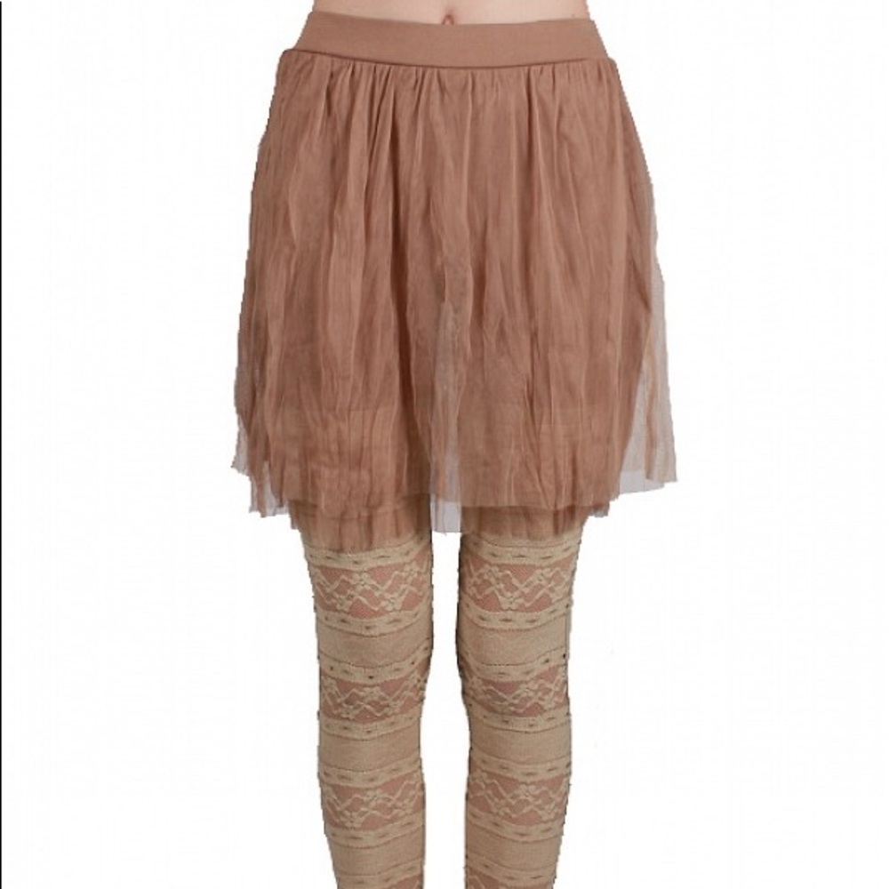 Ryu Mauve-Tan Layered Mini Skirts With Lace Leggings.